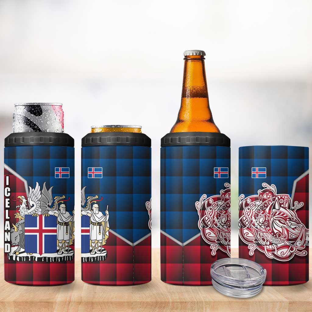 Iceland Crest 4 in 1 Can Cooler Tumbler with Viking Dragon and Icelandic Flag Plaid Pattern - Wonder Print Shop