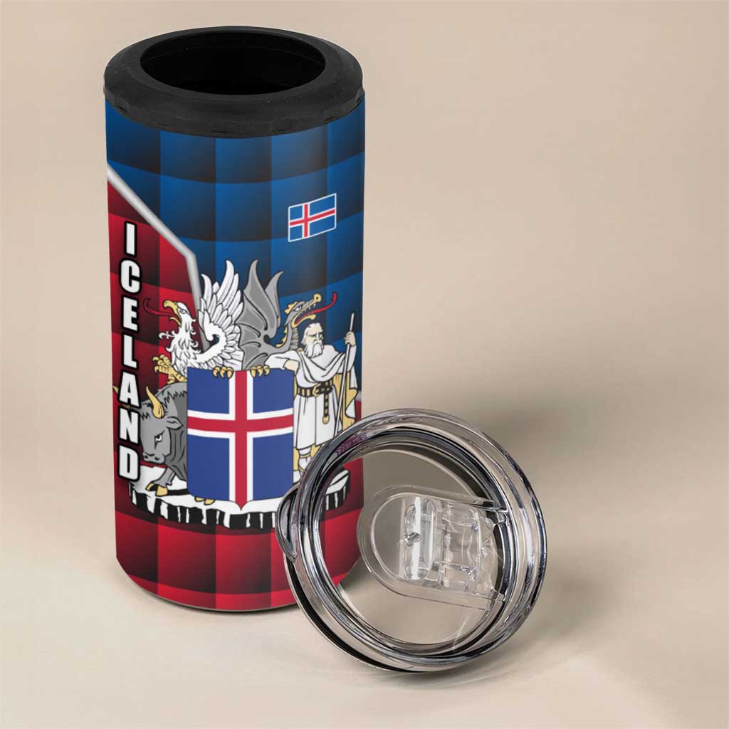 Iceland Crest 4 in 1 Can Cooler Tumbler with Viking Dragon and Icelandic Flag Plaid Pattern - Wonder Print Shop