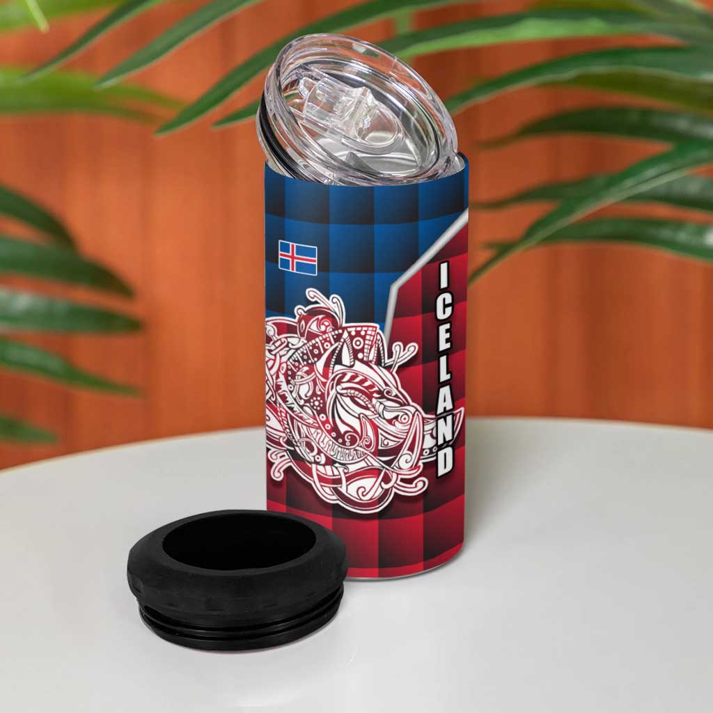Iceland Crest 4 in 1 Can Cooler Tumbler with Viking Dragon and Icelandic Flag Plaid Pattern - Wonder Print Shop