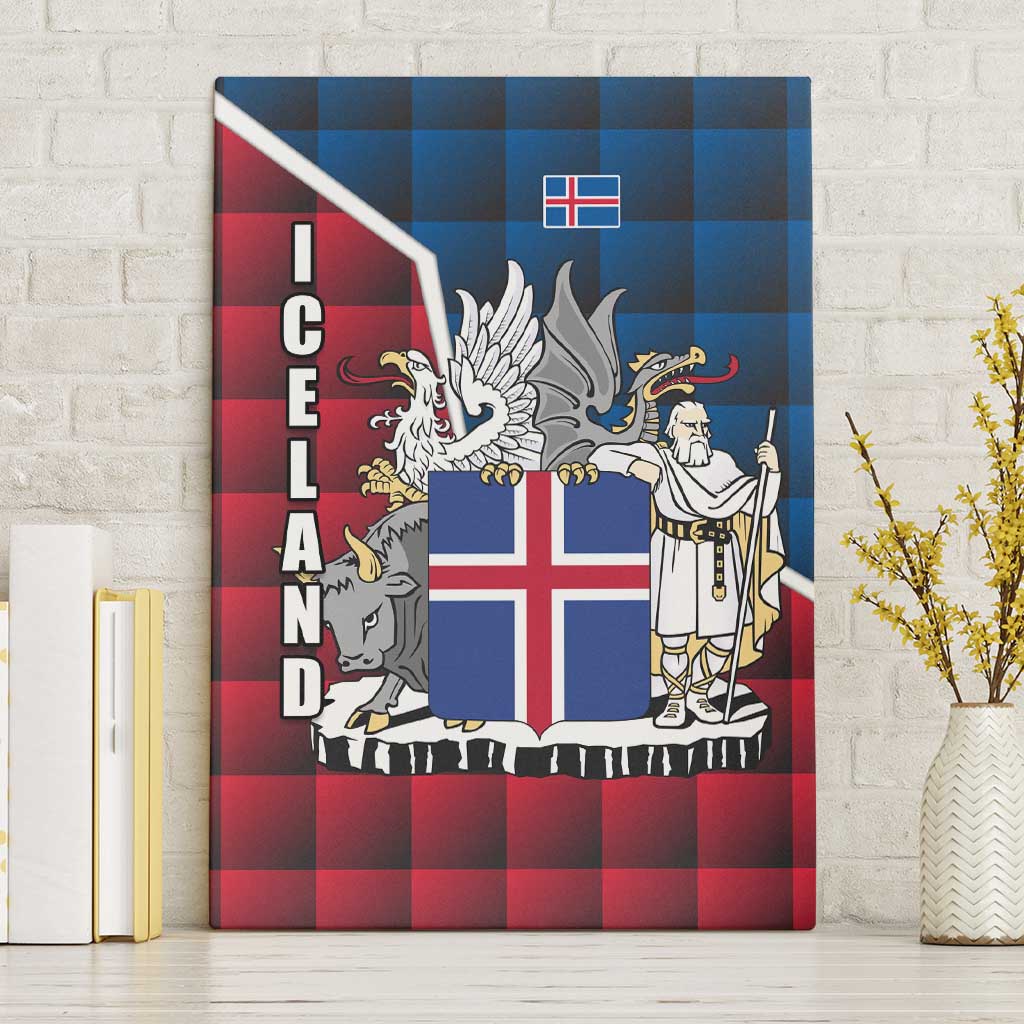 Iceland Crest Canvas Wall Art with Viking Dragon and Icelandic Flag Plaid Pattern - Wonder Print Shop