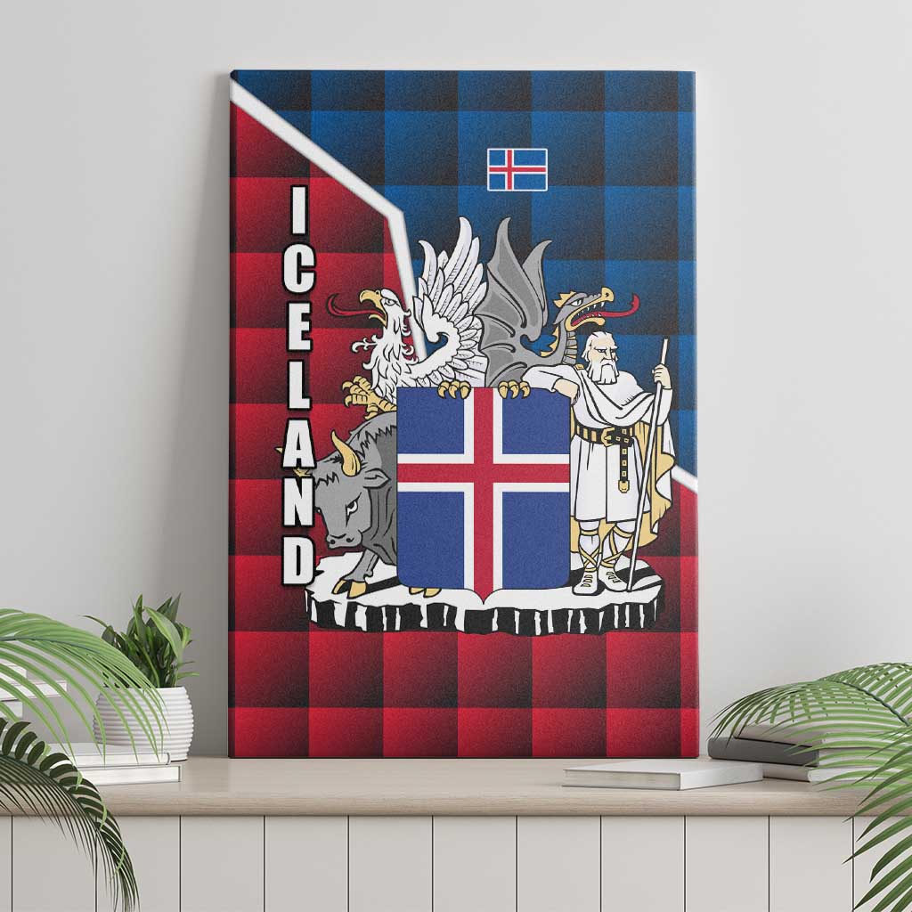 Iceland Crest Canvas Wall Art with Viking Dragon and Icelandic Flag Plaid Pattern - Wonder Print Shop