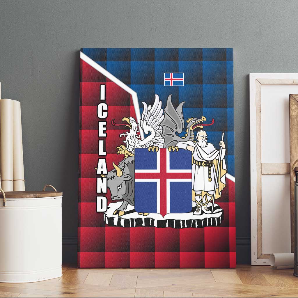 Iceland Crest Canvas Wall Art with Viking Dragon and Icelandic Flag Plaid Pattern - Wonder Print Shop