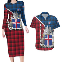 Iceland Crest Couples Matching Long Sleeve Bodycon Dress and Hawaiian Shirt with Viking Dragon and Icelandic Flag Plaid Pattern - Wonder Print Shop