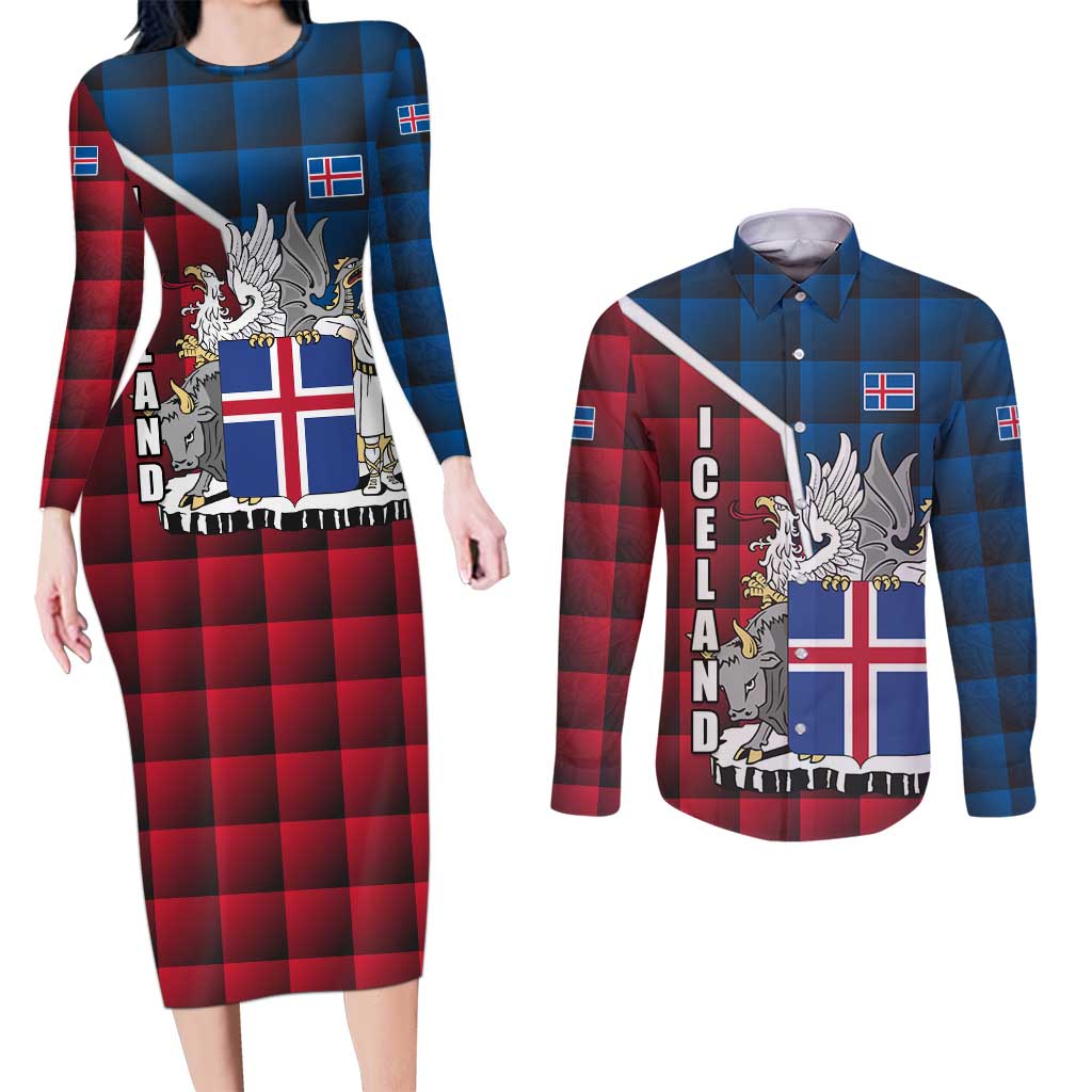 Iceland Crest Couples Matching Long Sleeve Bodycon Dress and Long Sleeve Button Shirt with Viking Dragon and Icelandic Flag Plaid Pattern - Wonder Print Shop