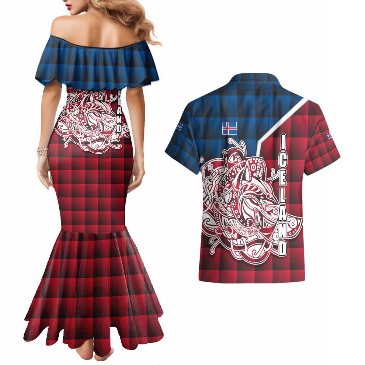 Iceland Crest Couples Matching Mermaid Dress and Hawaiian Shirt with Viking Dragon and Icelandic Flag Plaid Pattern - Wonder Print Shop
