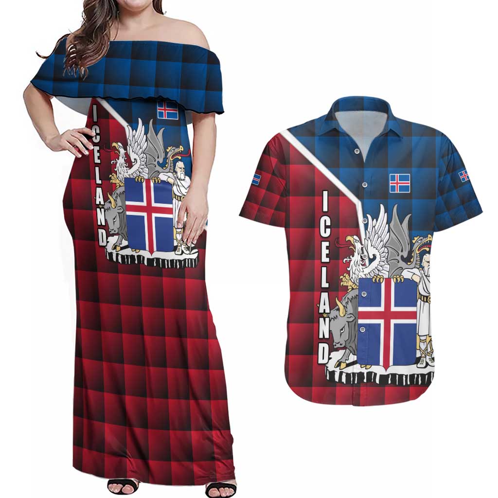 Iceland Crest Couples Matching Off Shoulder Maxi Dress and Hawaiian Shirt with Viking Dragon and Icelandic Flag Plaid Pattern - Wonder Print Shop