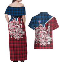 Iceland Crest Couples Matching Off Shoulder Maxi Dress and Hawaiian Shirt with Viking Dragon and Icelandic Flag Plaid Pattern - Wonder Print Shop