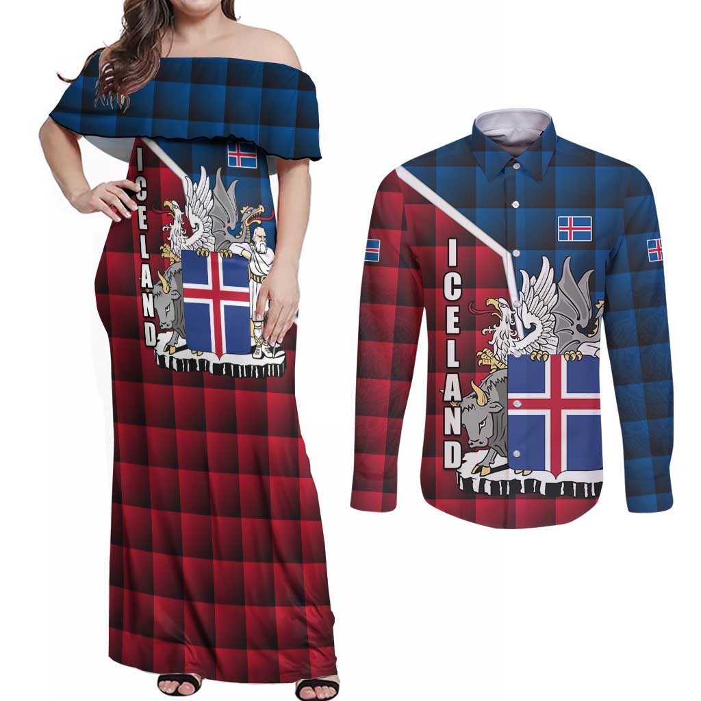 Iceland Crest Couples Matching Off Shoulder Maxi Dress and Long Sleeve Button Shirt with Viking Dragon and Icelandic Flag Plaid Pattern - Wonder Print Shop