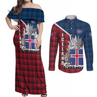 Iceland Crest Couples Matching Off Shoulder Maxi Dress and Long Sleeve Button Shirt with Viking Dragon and Icelandic Flag Plaid Pattern - Wonder Print Shop