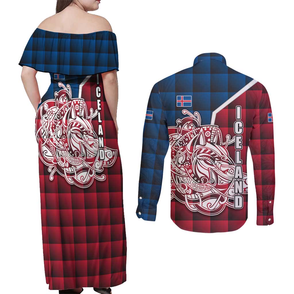 Iceland Crest Couples Matching Off Shoulder Maxi Dress and Long Sleeve Button Shirt with Viking Dragon and Icelandic Flag Plaid Pattern - Wonder Print Shop
