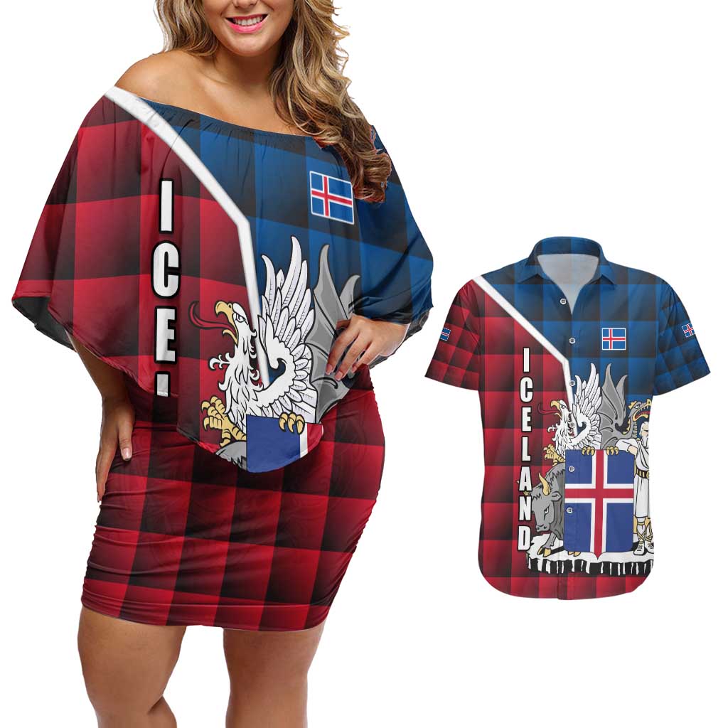Iceland Crest Couples Matching Off Shoulder Short Dress and Hawaiian Shirt with Viking Dragon and Icelandic Flag Plaid Pattern - Wonder Print Shop