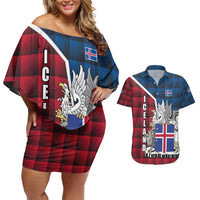 Iceland Crest Couples Matching Off Shoulder Short Dress and Hawaiian Shirt with Viking Dragon and Icelandic Flag Plaid Pattern - Wonder Print Shop