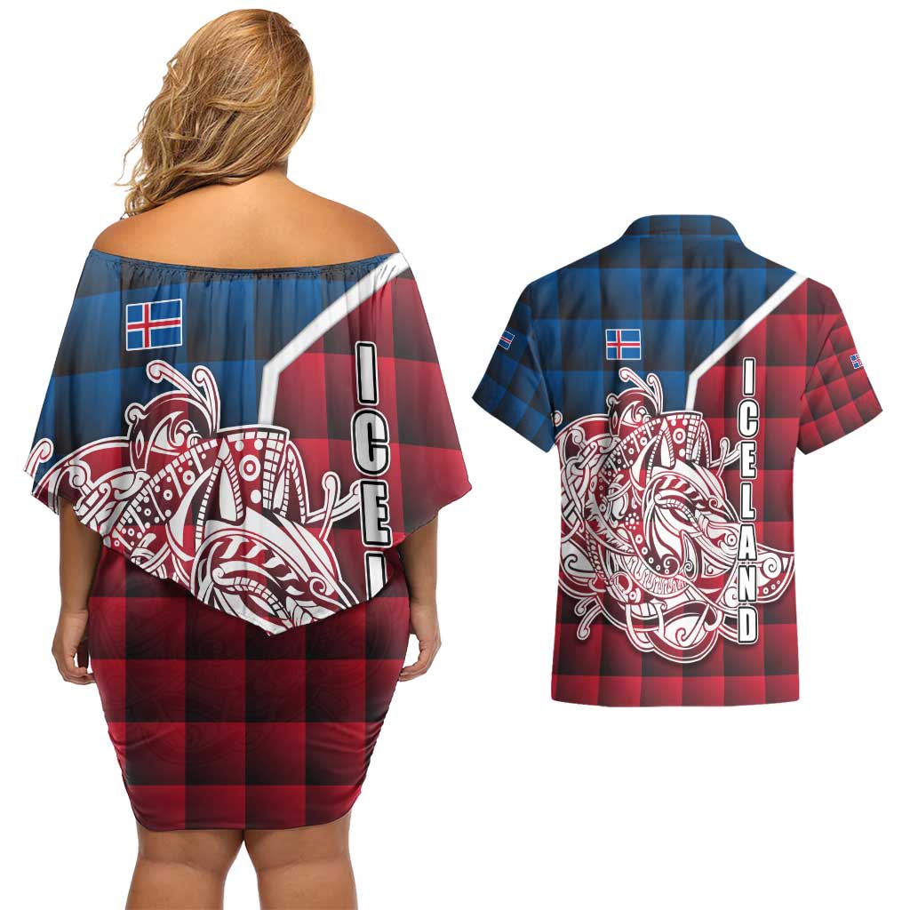 Iceland Crest Couples Matching Off Shoulder Short Dress and Hawaiian Shirt with Viking Dragon and Icelandic Flag Plaid Pattern - Wonder Print Shop