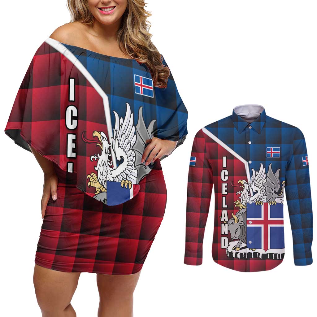 Iceland Crest Couples Matching Off Shoulder Short Dress and Long Sleeve Button Shirt with Viking Dragon and Icelandic Flag Plaid Pattern - Wonder Print Shop