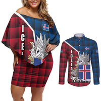 Iceland Crest Couples Matching Off Shoulder Short Dress and Long Sleeve Button Shirt with Viking Dragon and Icelandic Flag Plaid Pattern - Wonder Print Shop