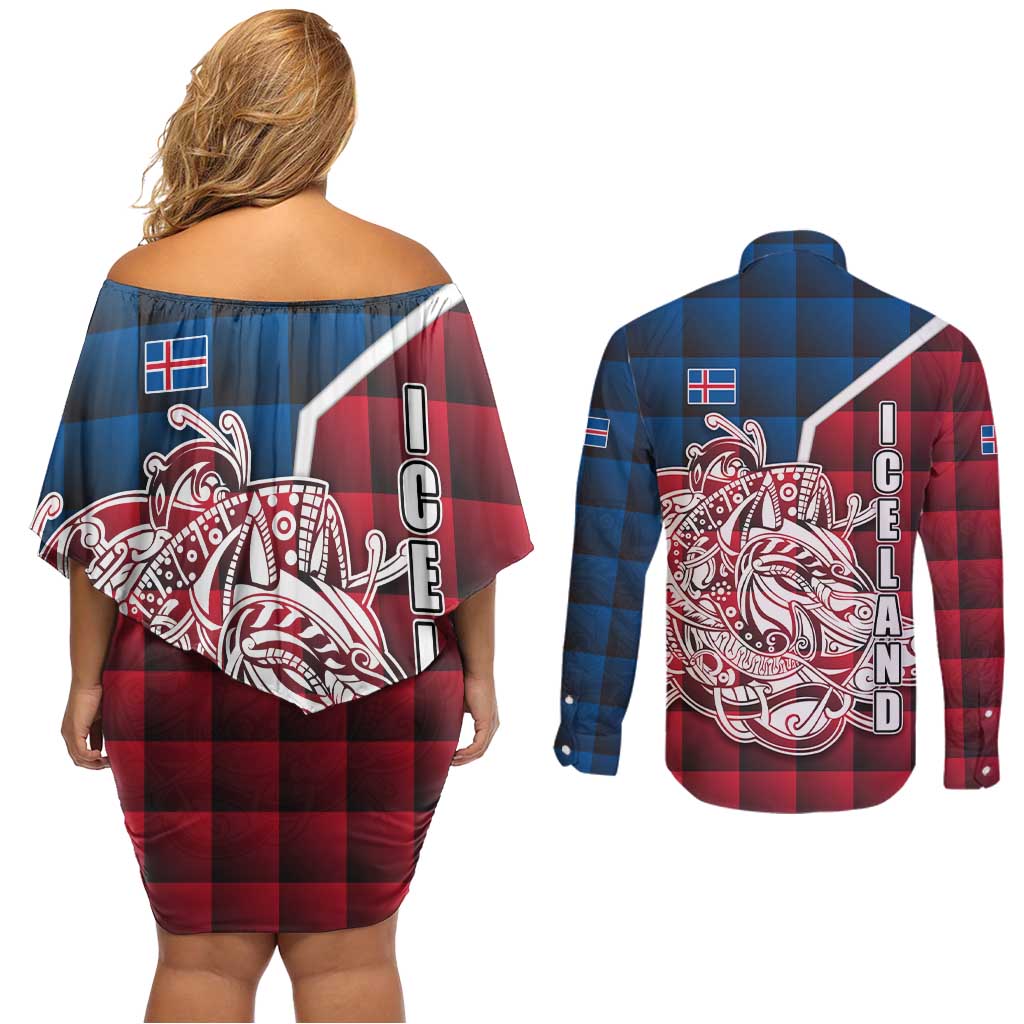 Iceland Crest Couples Matching Off Shoulder Short Dress and Long Sleeve Button Shirt with Viking Dragon and Icelandic Flag Plaid Pattern - Wonder Print Shop
