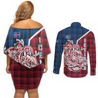 Iceland Crest Couples Matching Off Shoulder Short Dress and Long Sleeve Button Shirt with Viking Dragon and Icelandic Flag Plaid Pattern - Wonder Print Shop
