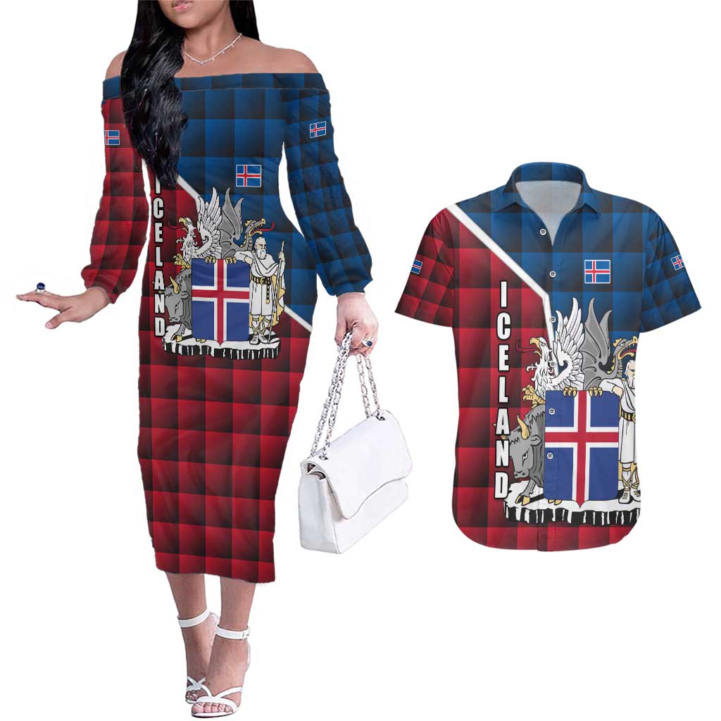 Iceland Crest Couples Matching Off The Shoulder Long Sleeve Dress and Hawaiian Shirt with Viking Dragon and Icelandic Flag Plaid Pattern - Wonder Print Shop