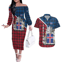 Iceland Crest Couples Matching Off The Shoulder Long Sleeve Dress and Hawaiian Shirt with Viking Dragon and Icelandic Flag Plaid Pattern - Wonder Print Shop