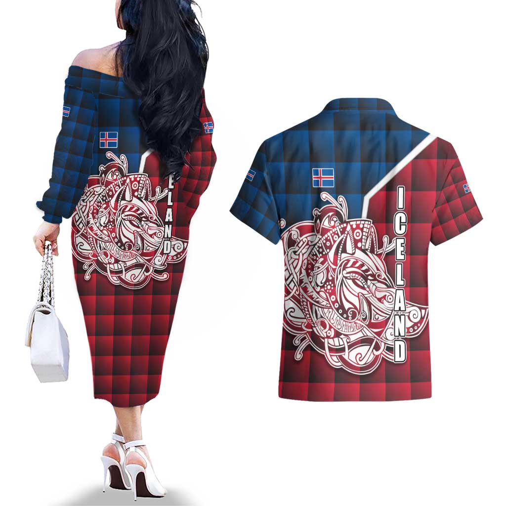 Iceland Crest Couples Matching Off The Shoulder Long Sleeve Dress and Hawaiian Shirt with Viking Dragon and Icelandic Flag Plaid Pattern - Wonder Print Shop