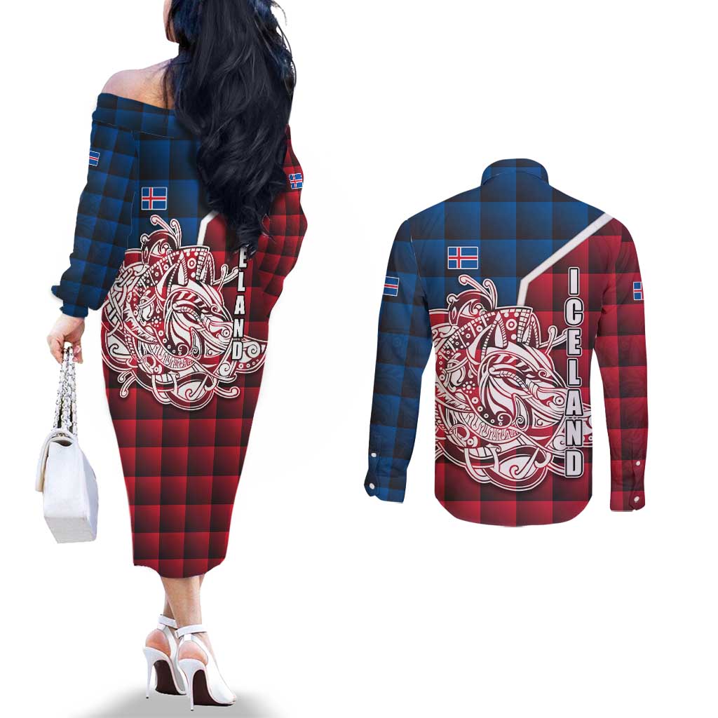 Iceland Crest Couples Matching Off The Shoulder Long Sleeve Dress and Long Sleeve Button Shirt with Viking Dragon and Icelandic Flag Plaid Pattern - Wonder Print Shop