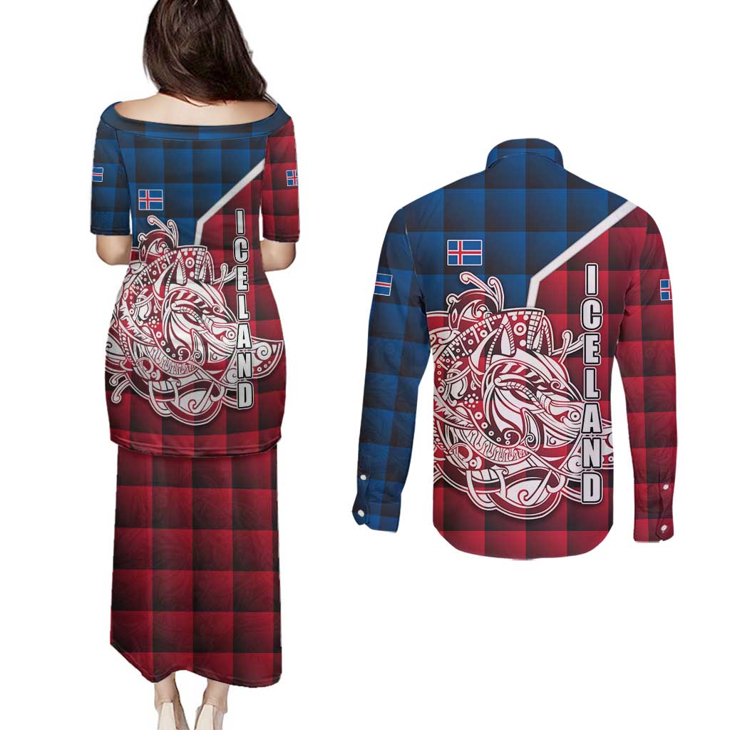 Iceland Crest Couples Matching Puletasi and Long Sleeve Button Shirt with Viking Dragon and Icelandic Flag Plaid Pattern - Wonder Print Shop