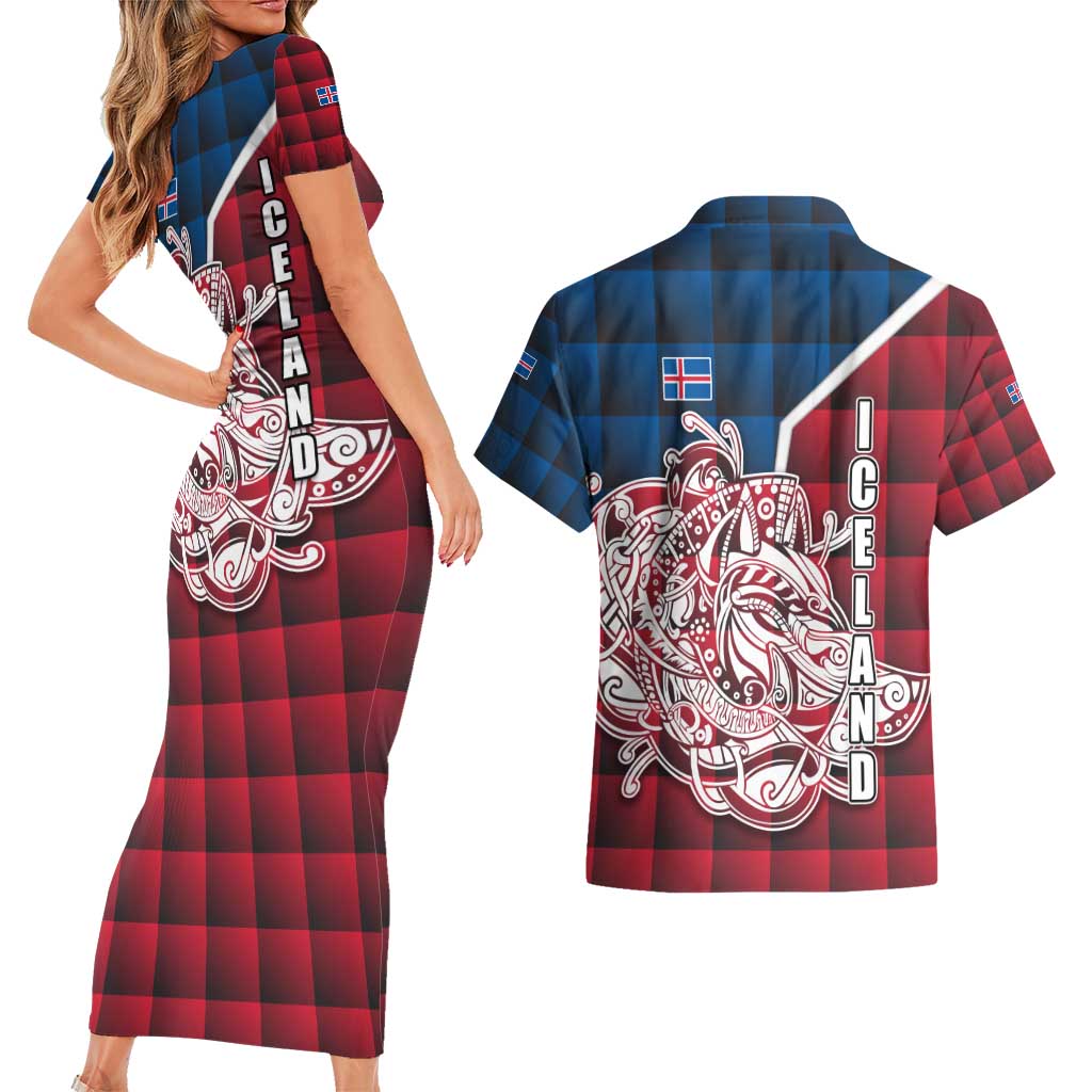 Iceland Crest Couples Matching Short Sleeve Bodycon Dress and Hawaiian Shirt with Viking Dragon and Icelandic Flag Plaid Pattern - Wonder Print Shop