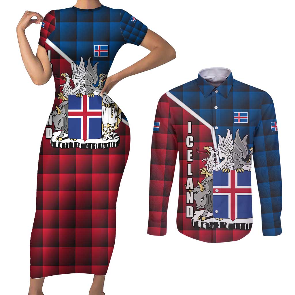 Iceland Crest Couples Matching Short Sleeve Bodycon Dress and Long Sleeve Button Shirt with Viking Dragon and Icelandic Flag Plaid Pattern - Wonder Print Shop