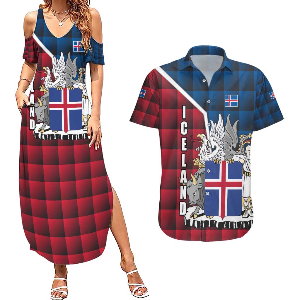 Iceland Crest Couples Matching Summer Maxi Dress and Hawaiian Shirt with Viking Dragon and Icelandic Flag Plaid Pattern - Wonder Print Shop