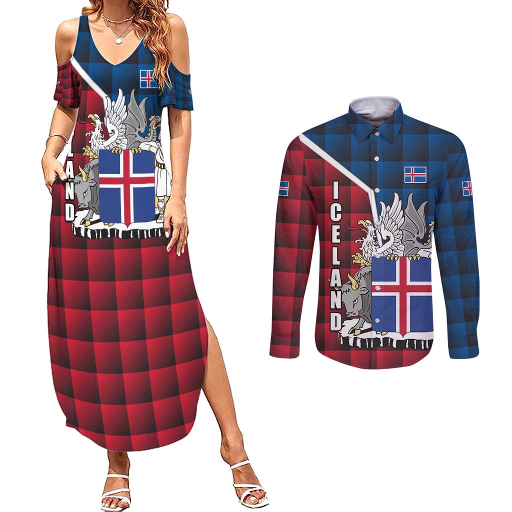 Iceland Crest Couples Matching Summer Maxi Dress and Long Sleeve Button Shirt with Viking Dragon and Icelandic Flag Plaid Pattern - Wonder Print Shop