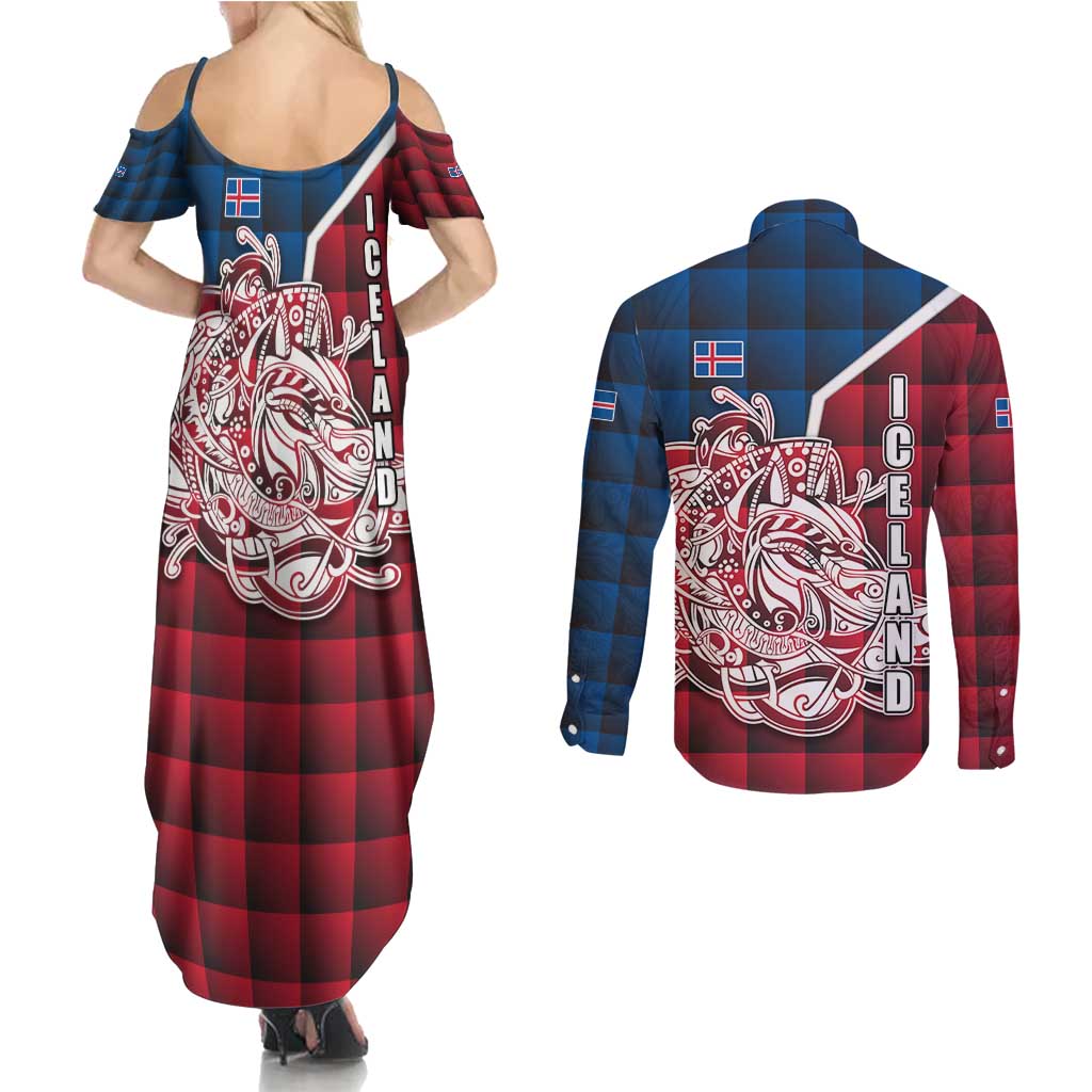Iceland Crest Couples Matching Summer Maxi Dress and Long Sleeve Button Shirt with Viking Dragon and Icelandic Flag Plaid Pattern - Wonder Print Shop