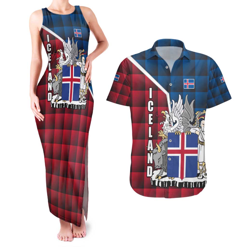 Iceland Crest Couples Matching Tank Maxi Dress and Hawaiian Shirt with Viking Dragon and Icelandic Flag Plaid Pattern - Wonder Print Shop
