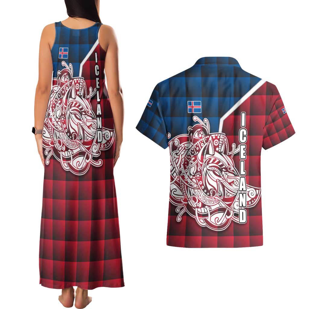 Iceland Crest Couples Matching Tank Maxi Dress and Hawaiian Shirt with Viking Dragon and Icelandic Flag Plaid Pattern - Wonder Print Shop