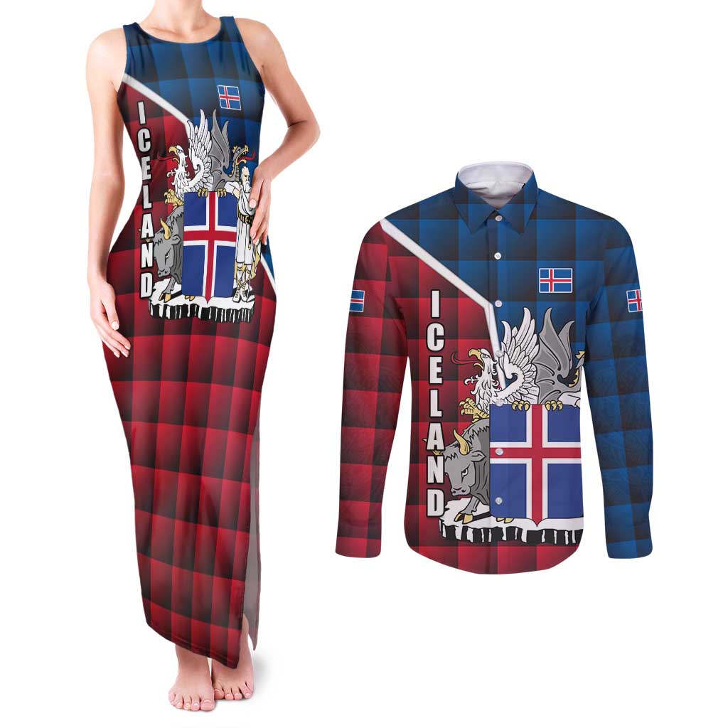 Iceland Crest Couples Matching Tank Maxi Dress and Long Sleeve Button Shirt with Viking Dragon and Icelandic Flag Plaid Pattern - Wonder Print Shop