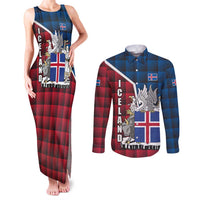Iceland Crest Couples Matching Tank Maxi Dress and Long Sleeve Button Shirt with Viking Dragon and Icelandic Flag Plaid Pattern - Wonder Print Shop