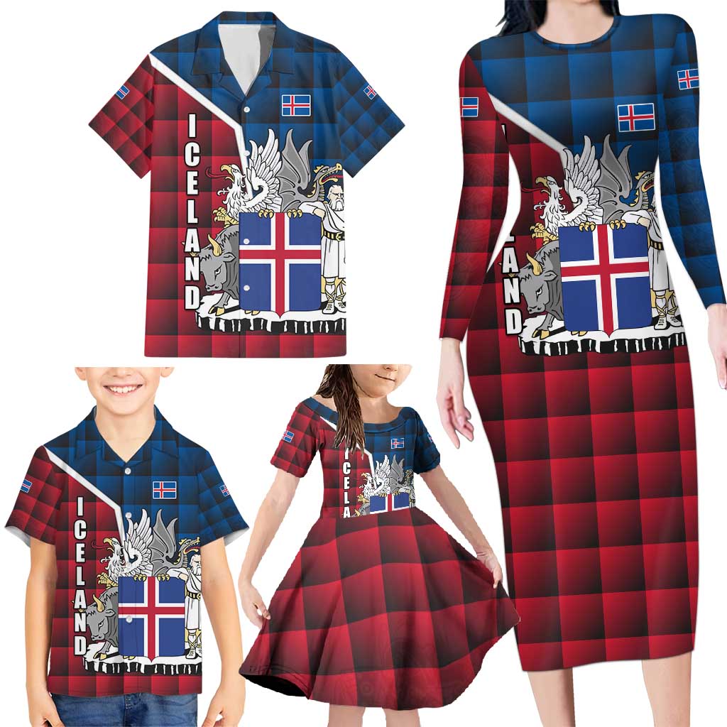 Iceland Crest Family Matching Long Sleeve Bodycon Dress and Hawaiian Shirt with Viking Dragon and Icelandic Flag Plaid Pattern - Wonder Print Shop
