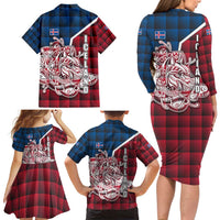 Iceland Crest Family Matching Long Sleeve Bodycon Dress and Hawaiian Shirt with Viking Dragon and Icelandic Flag Plaid Pattern - Wonder Print Shop