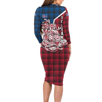 Iceland Crest Family Matching Long Sleeve Bodycon Dress and Hawaiian Shirt with Viking Dragon and Icelandic Flag Plaid Pattern - Wonder Print Shop