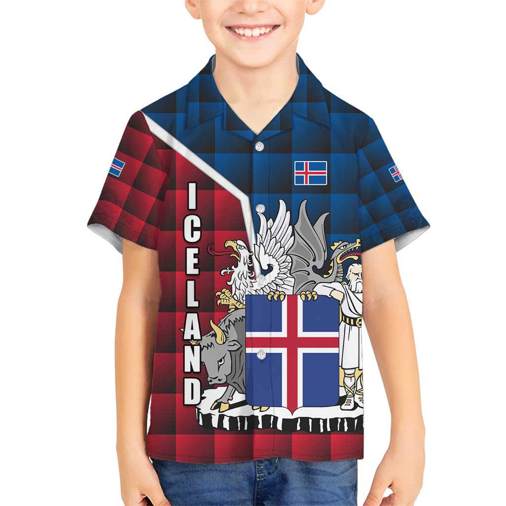 Iceland Crest Family Matching Long Sleeve Bodycon Dress and Hawaiian Shirt with Viking Dragon and Icelandic Flag Plaid Pattern - Wonder Print Shop