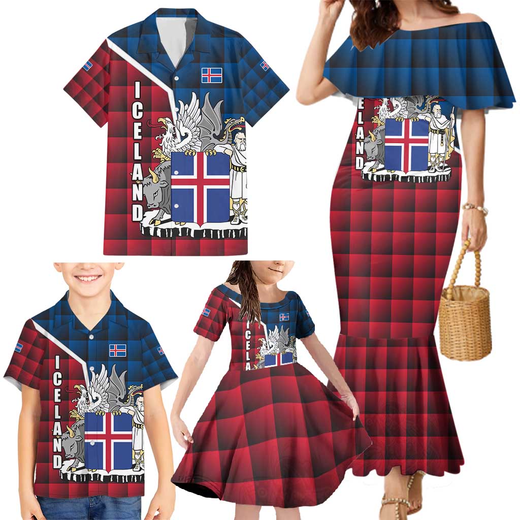 Iceland Crest Family Matching Mermaid Dress and Hawaiian Shirt with Viking Dragon and Icelandic Flag Plaid Pattern - Wonder Print Shop