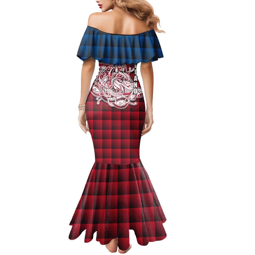 Iceland Crest Family Matching Mermaid Dress and Hawaiian Shirt with Viking Dragon and Icelandic Flag Plaid Pattern - Wonder Print Shop