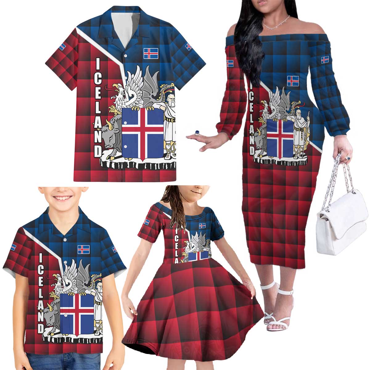 Iceland Crest Family Matching Off The Shoulder Long Sleeve Dress and Hawaiian Shirt with Viking Dragon and Icelandic Flag Plaid Pattern - Wonder Print Shop