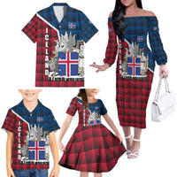 Iceland Crest Family Matching Off The Shoulder Long Sleeve Dress and Hawaiian Shirt with Viking Dragon and Icelandic Flag Plaid Pattern - Wonder Print Shop
