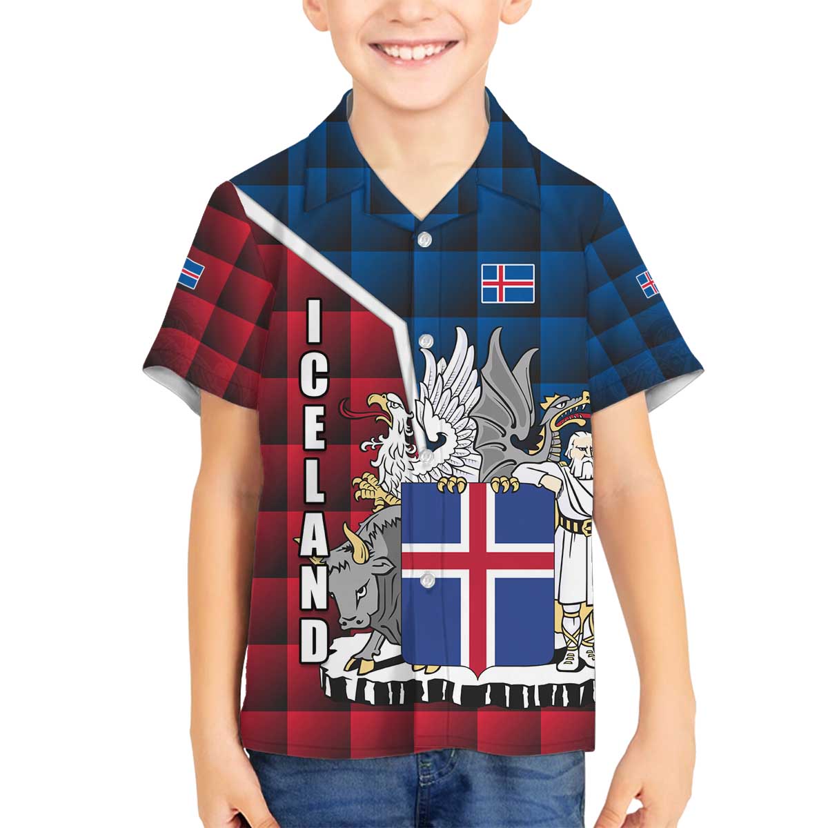 Iceland Crest Family Matching Off The Shoulder Long Sleeve Dress and Hawaiian Shirt with Viking Dragon and Icelandic Flag Plaid Pattern - Wonder Print Shop