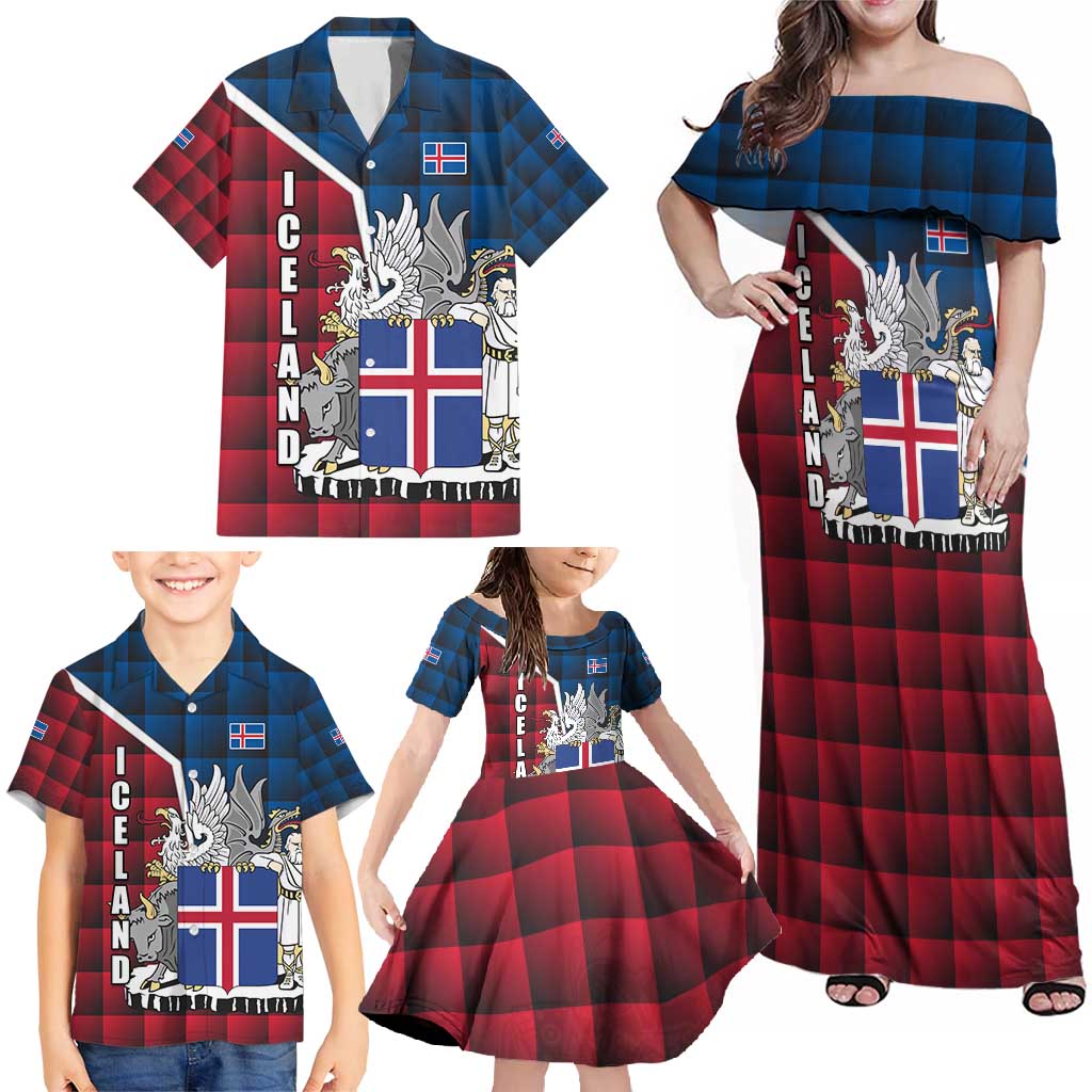 Iceland Crest Family Matching Off Shoulder Maxi Dress and Hawaiian Shirt with Viking Dragon and Icelandic Flag Plaid Pattern - Wonder Print Shop