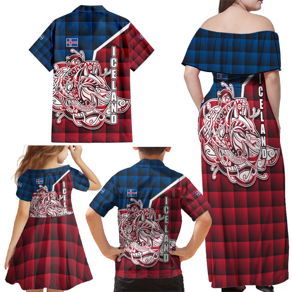 Iceland Crest Family Matching Off Shoulder Maxi Dress and Hawaiian Shirt with Viking Dragon and Icelandic Flag Plaid Pattern - Wonder Print Shop