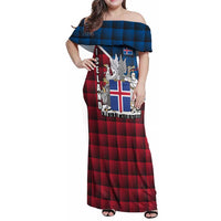 Iceland Crest Family Matching Off Shoulder Maxi Dress and Hawaiian Shirt with Viking Dragon and Icelandic Flag Plaid Pattern - Wonder Print Shop