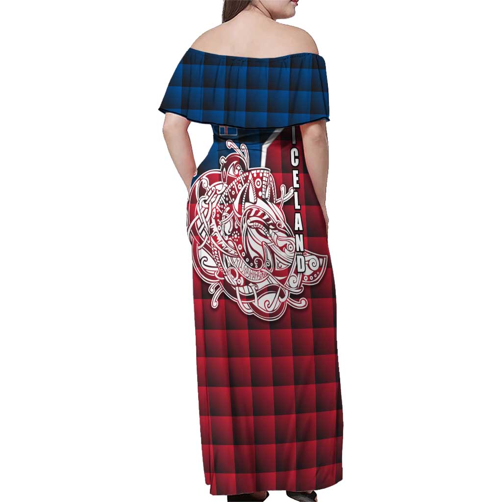 Iceland Crest Family Matching Off Shoulder Maxi Dress and Hawaiian Shirt with Viking Dragon and Icelandic Flag Plaid Pattern - Wonder Print Shop