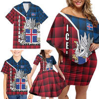 Iceland Crest Family Matching Off Shoulder Short Dress and Hawaiian Shirt with Viking Dragon and Icelandic Flag Plaid Pattern - Wonder Print Shop