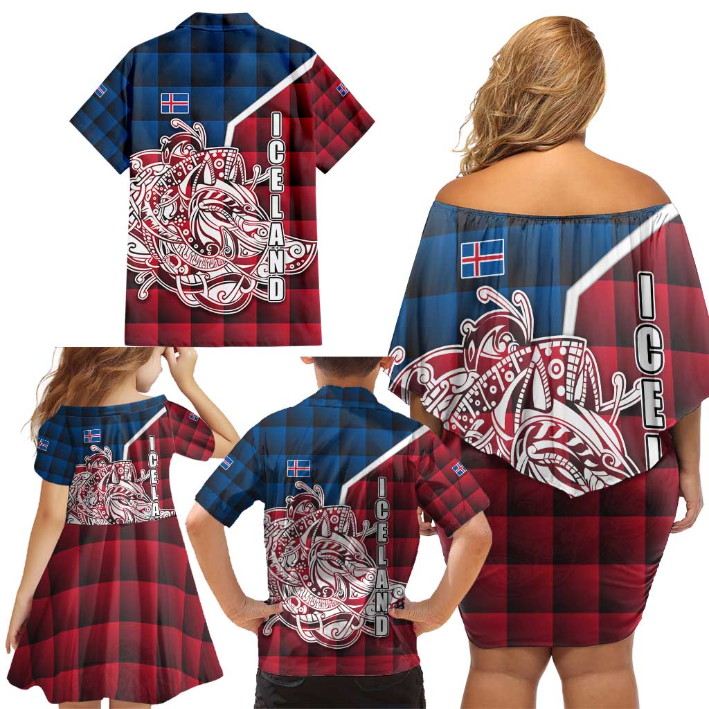 Iceland Crest Family Matching Off Shoulder Short Dress and Hawaiian Shirt with Viking Dragon and Icelandic Flag Plaid Pattern - Wonder Print Shop